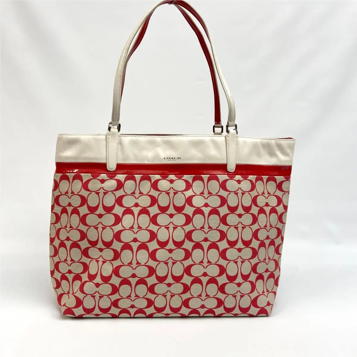 Coach Printed Signature Tote F29423 Light Khaki Love Red