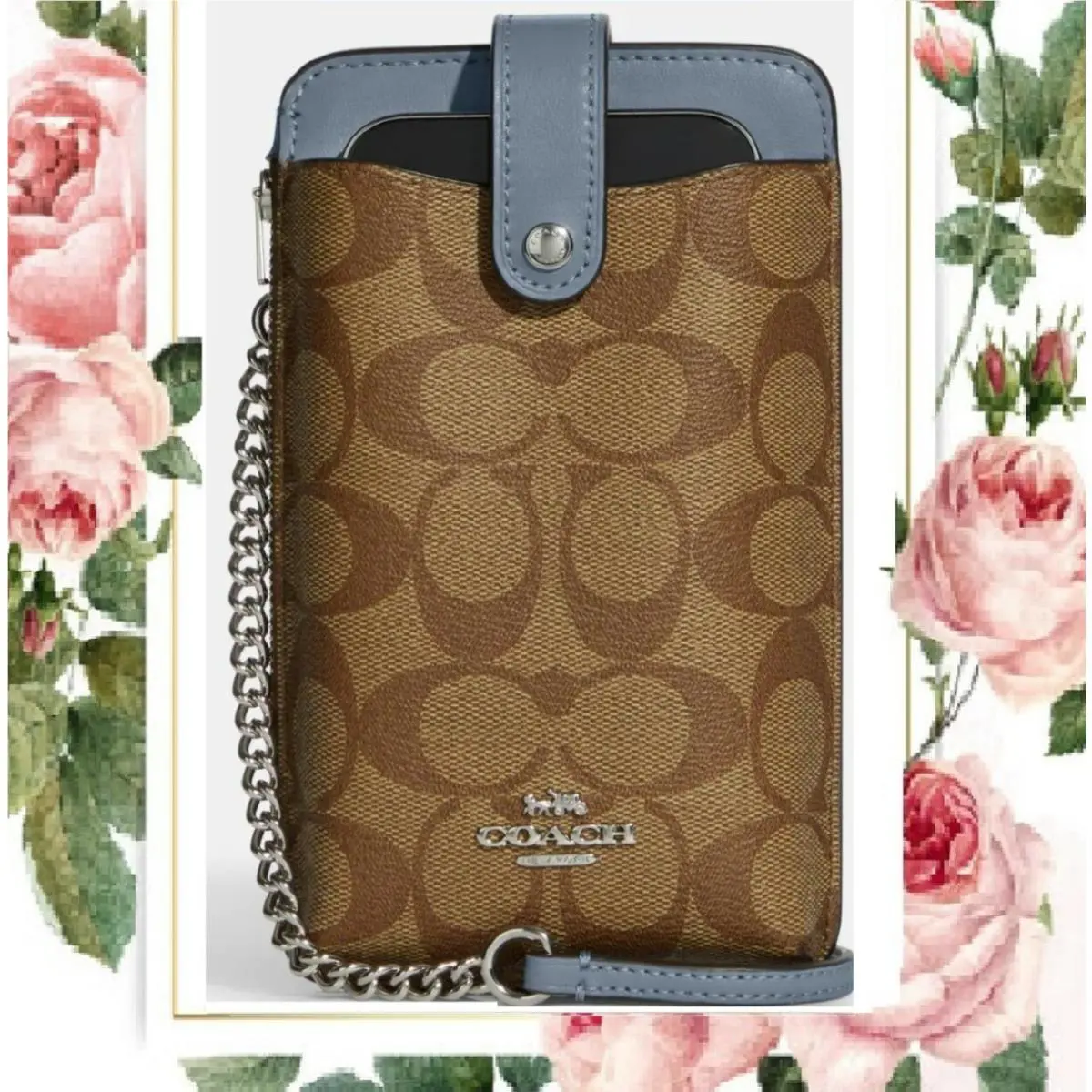 Coach North South Chain Phone Crossbody In Khaki Marble Blue Leather Sig CC
