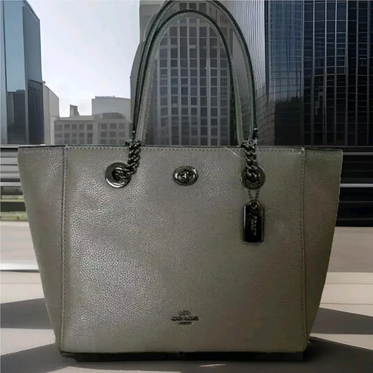 Coach NY 57107 Turnlock Chain Dark Ash Grey Leather Shoulder Tote Bag