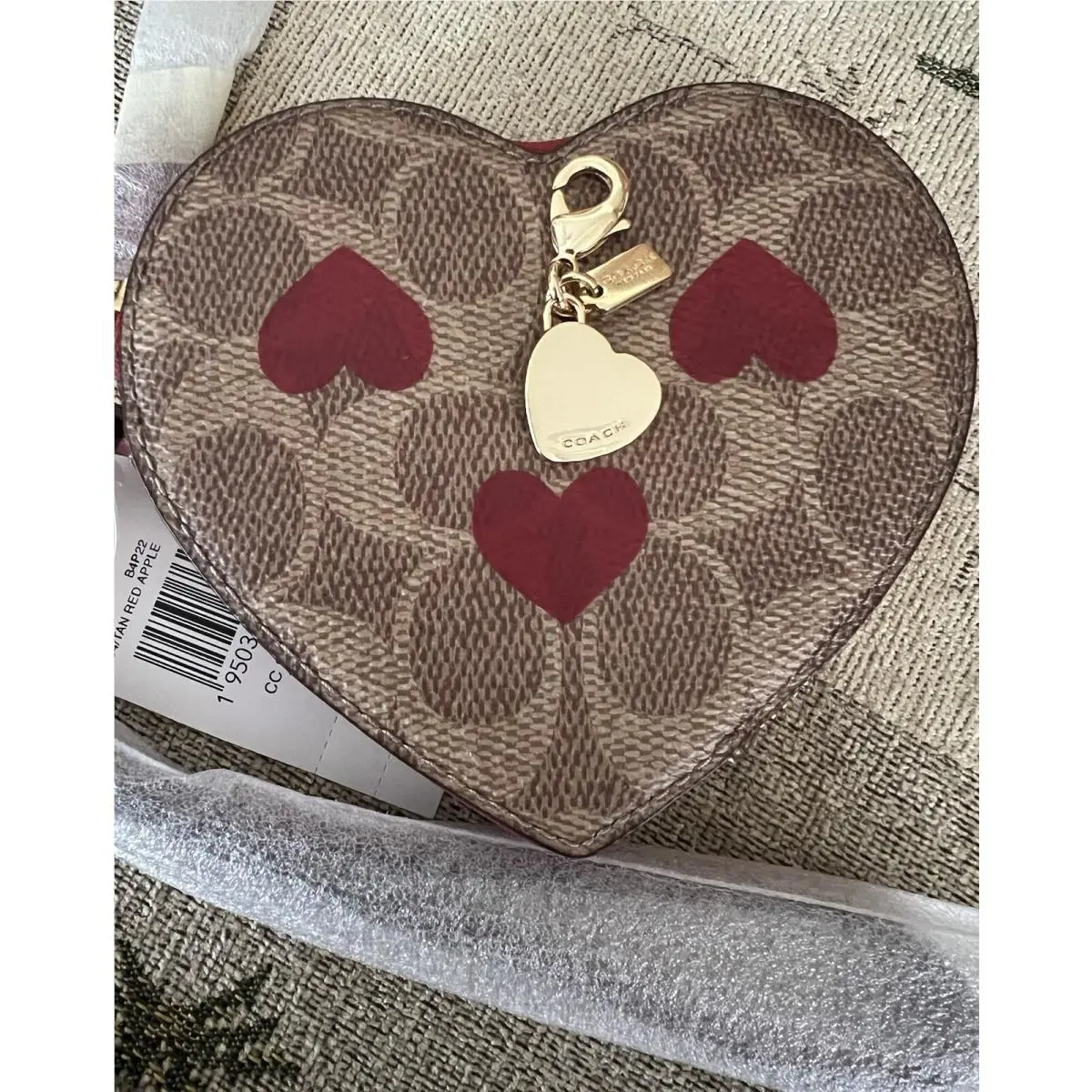 Red Heart Signature Print Coated Canvas Heart Shape Wristlet Coin Case by Coach