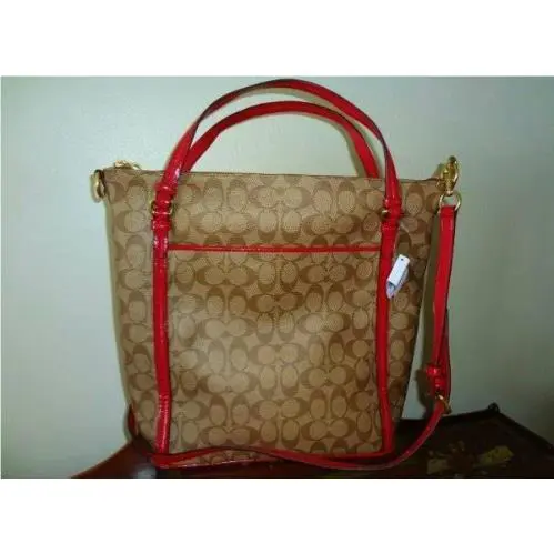 Coach Peyton Signature Khaki Red Convertible Shoulder 24601 Handbag