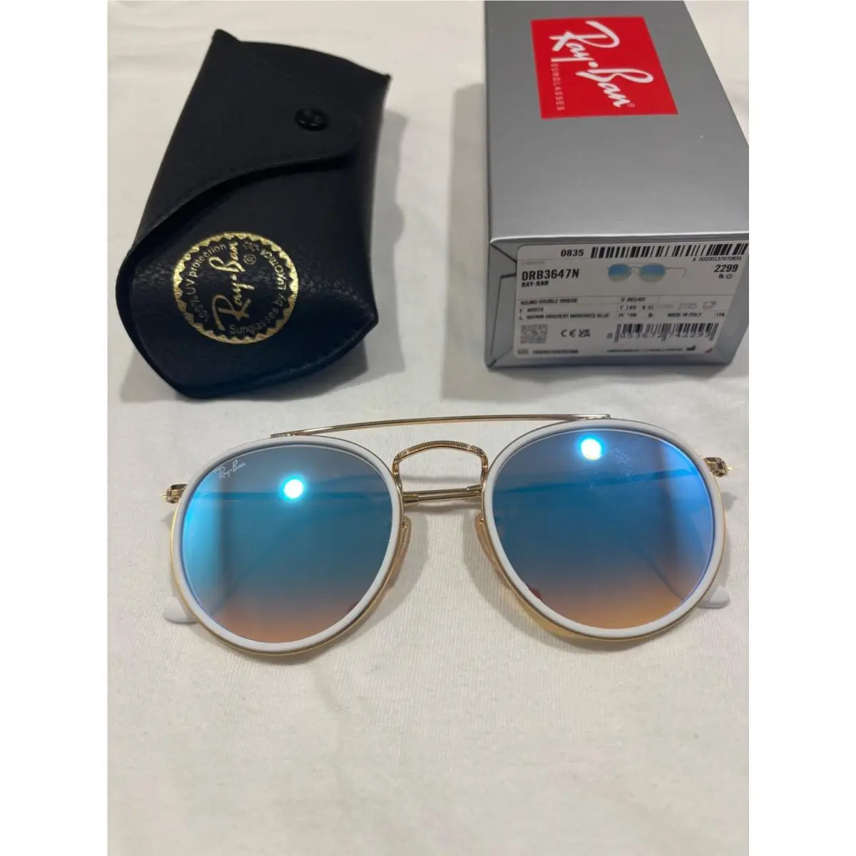 Ray-ban Round Double Bridge RB3647N Gold Blue Flash Mirror Lens 51-22 Sunglasses by Ray-Ban