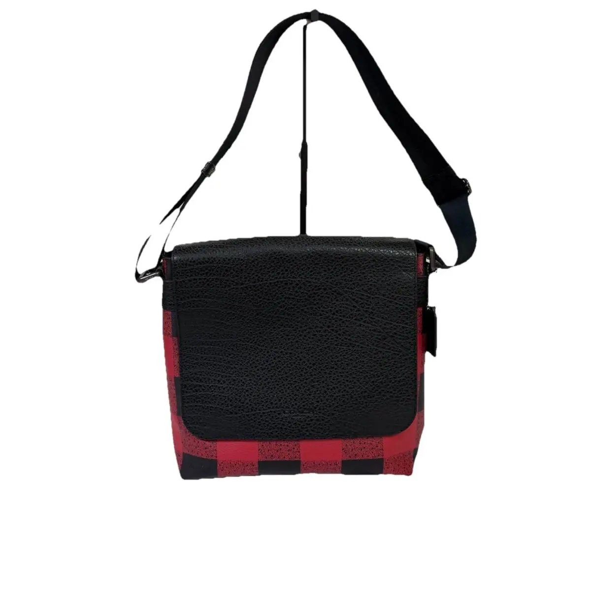 Coach Charles Red Plaid Canvas Black Leather Flap Messenger Mens Bag 31558