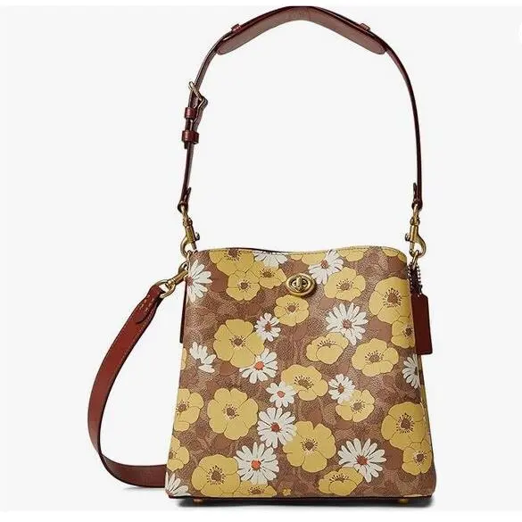 Coach Coated Canvas Floral Print Willow Bucket Leather Tan/rust