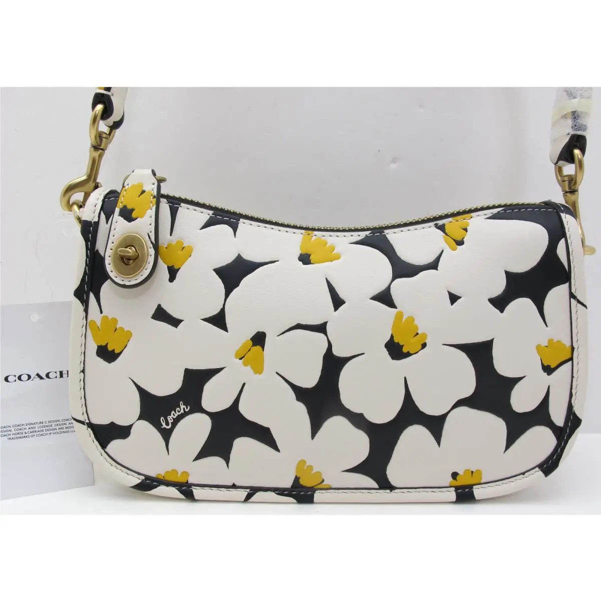 Coach Floral Swinger Bag Leather Top Handle/shoulder Bag CR549 Chalk/gold