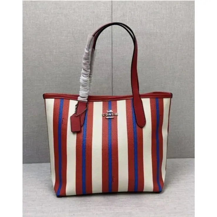 Coach CT824 Small City Tote with Stripe Print Canvas Leather Red Beach Bag