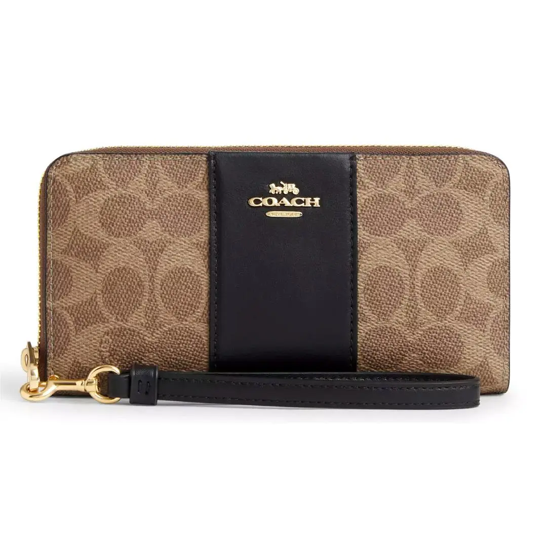 Coach Long Zip Around Wallet - CW947 Tan Black Signature Canvas/leather