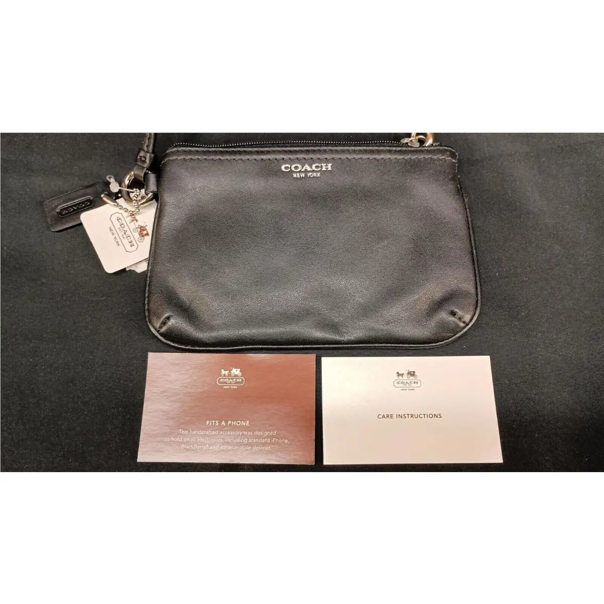 Coach Logo Black Smooth Leather Wristlet Double Corner Zip Hand Handle Purse
