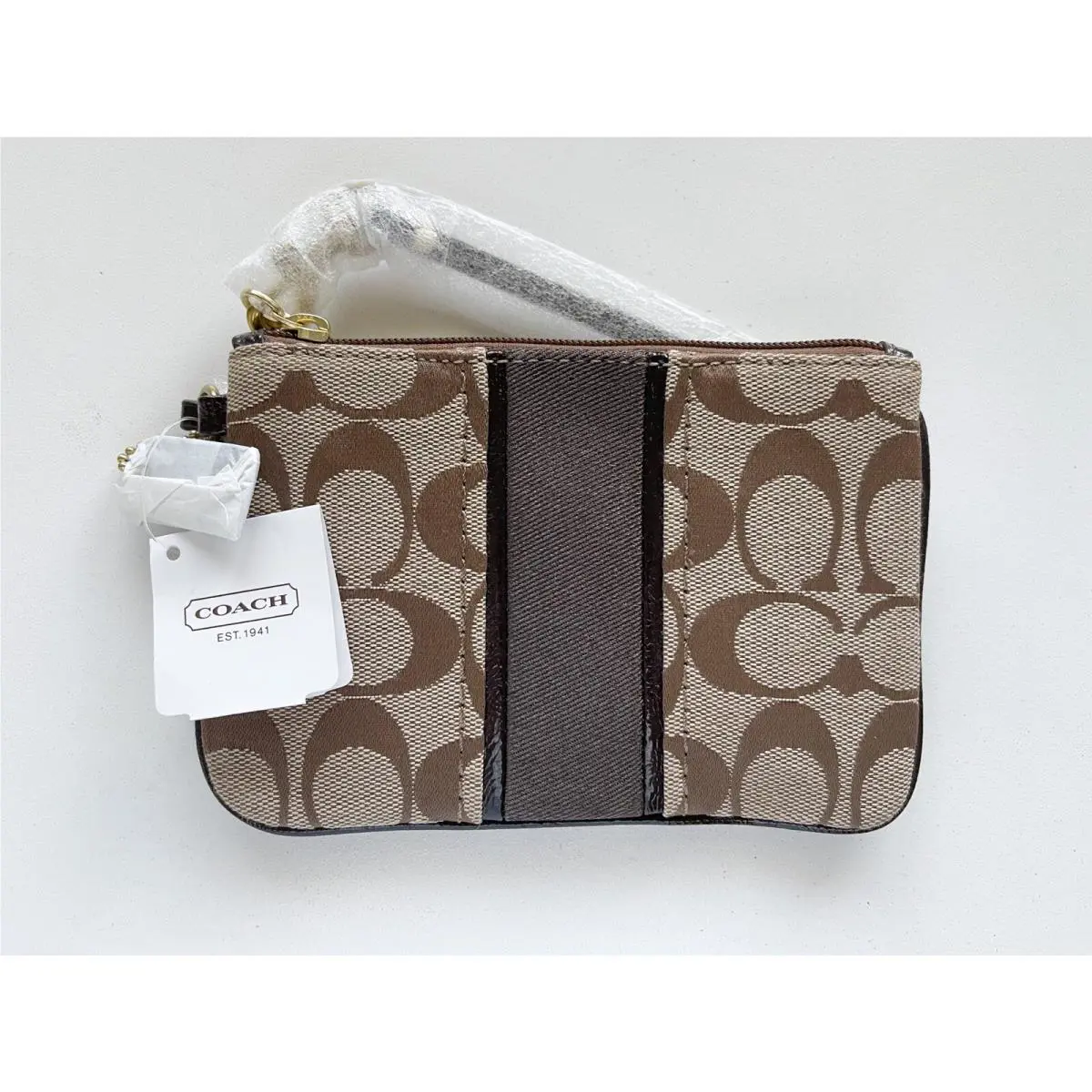 Coach Wristlet Top Zip F49174 Signature Canvas Brown Gold Brown