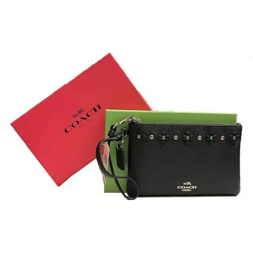 Floral Rivets Dahlia Pebble Leather Wristlet Wallet 65533B Navy + Box by Coach