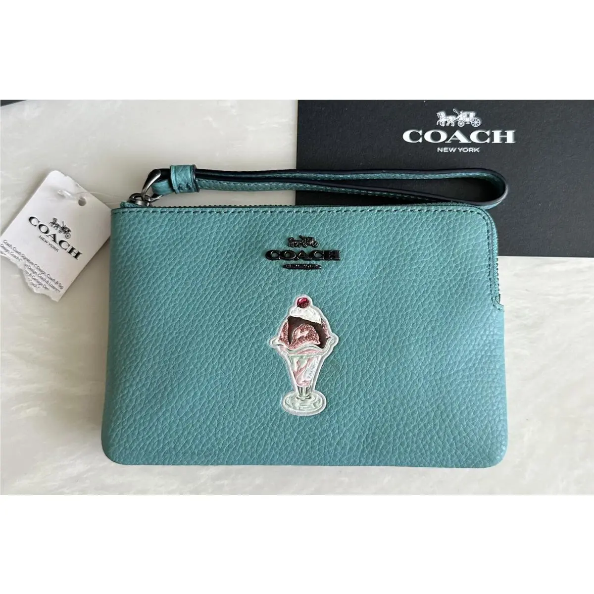 Coach Teal Pebble Leather Ice Cream Sundae Corner Zip Wristlet 28385
