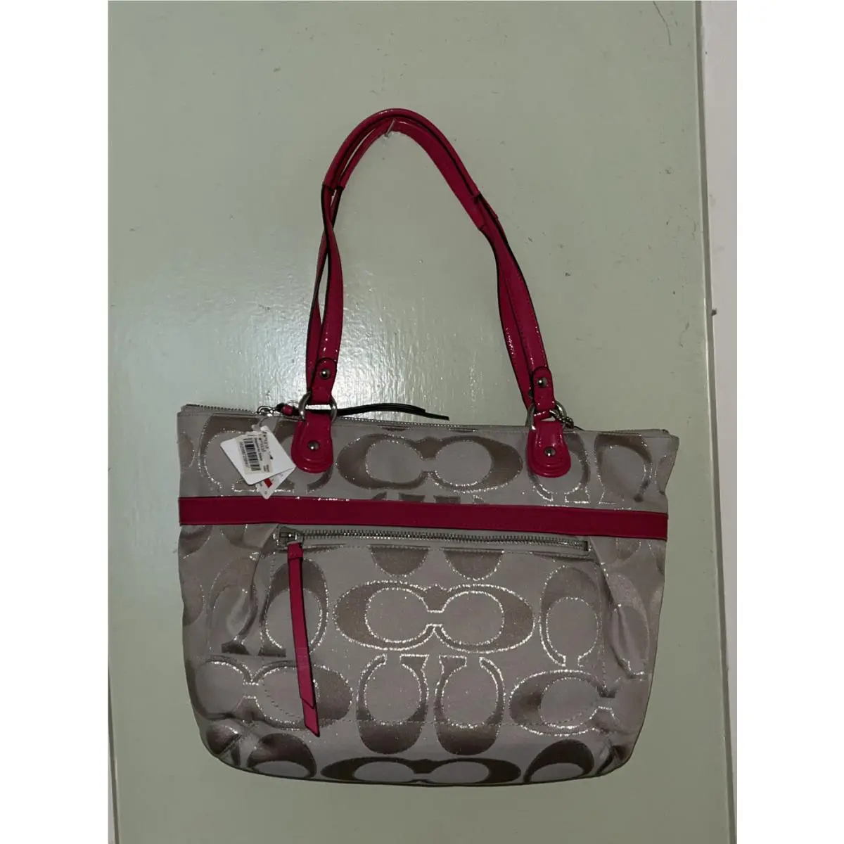 Poppy Metallic Signature Brown and Red Small Tote Purse 19863 by Coach