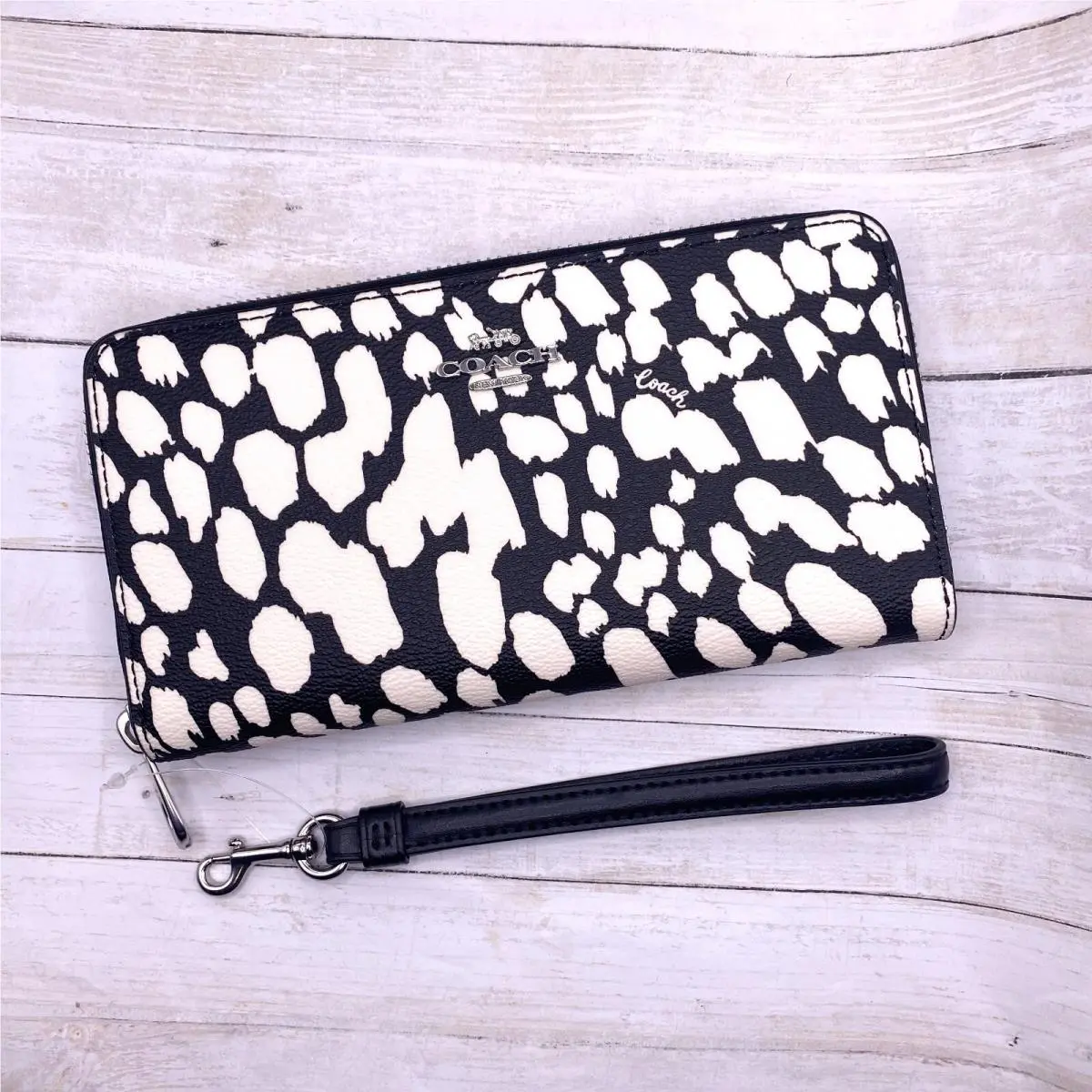 Coach Long Zip Around Wallet with Spotted Animal Print Black Chalk White CC473