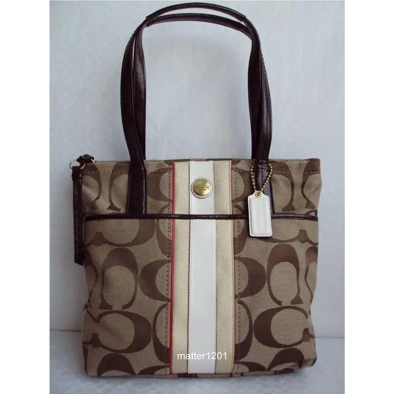 Coach F24666 Signature Multi Stripe Tote Khaki / Vermillion Multicolor