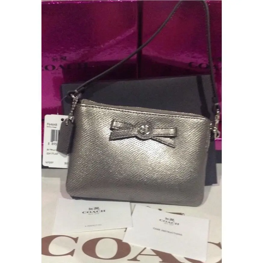Coach Turnlock Bow Corner Zip Gunmetal Wristlet - Gift Box