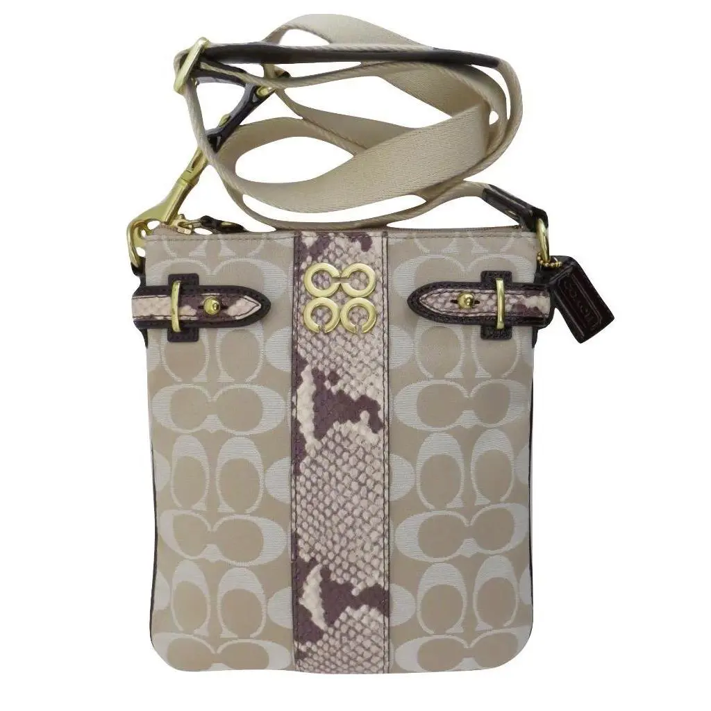 Coach Khaki Brown Signature Reptile Snake Embossed Leather Crossbody