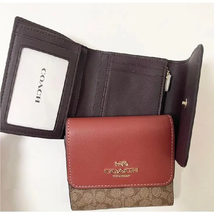 Coach Small Trifold Wallet in Colorblock Signature Canvas Lt Khaki/terracota