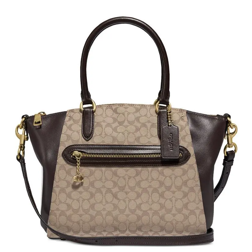 Coach Signature Jacquard Elise Satchel Bag Stone Oak Gold Coated Cotton Tote