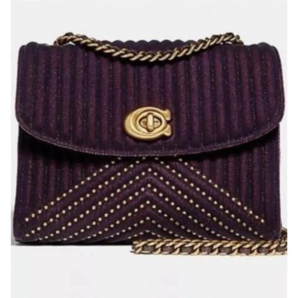 Coach 31034 Velvet Quilting Rivets Parker 18 Shoulder Bag Gold Studding Plum