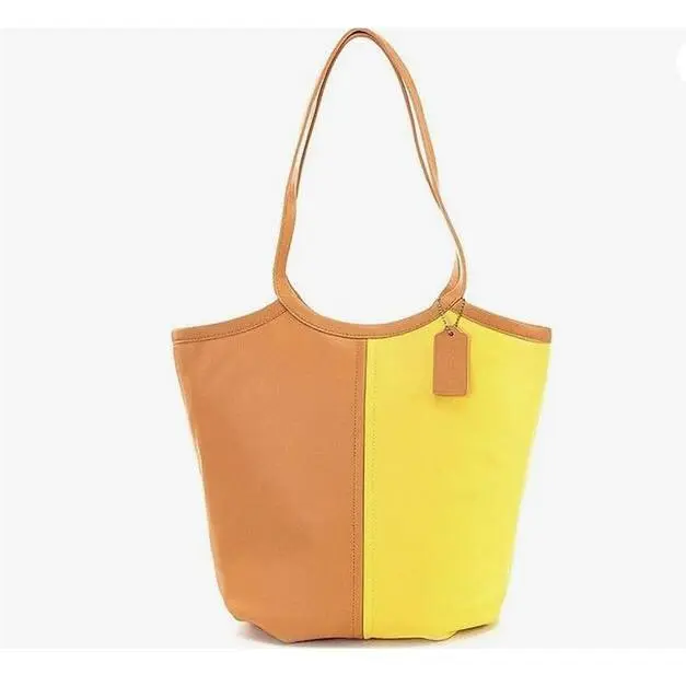 Coach Bea Colorblock Leather Shoulder Tote Yellow Tan