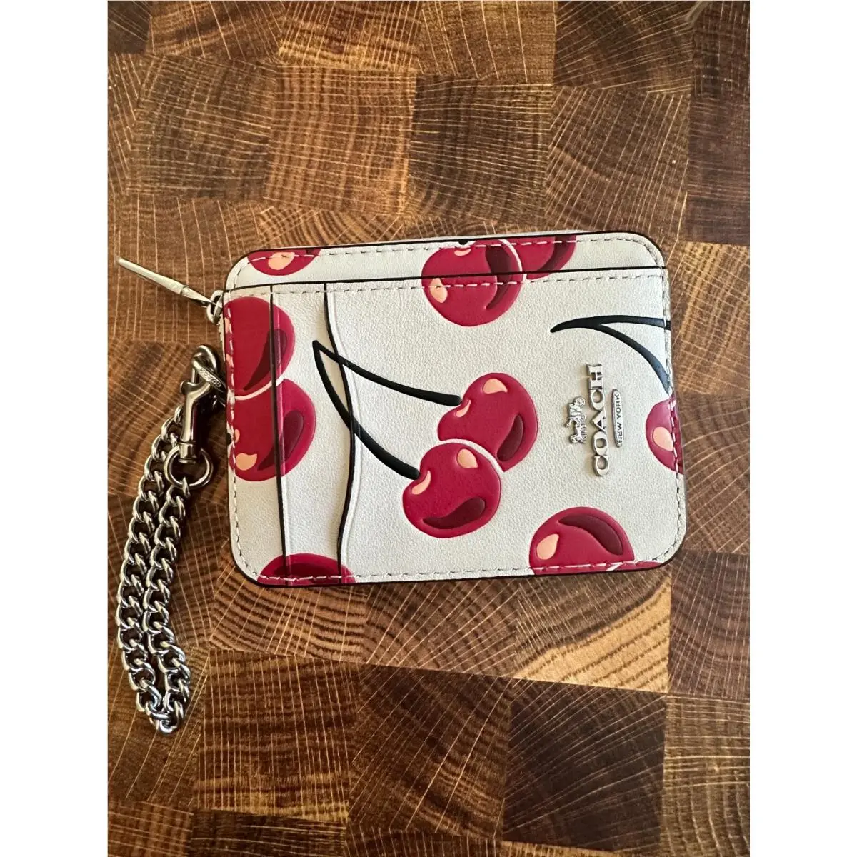 Coach Zip Card Case - CZ761 Chalk Smooth Leather W/red Pink Cherry Print