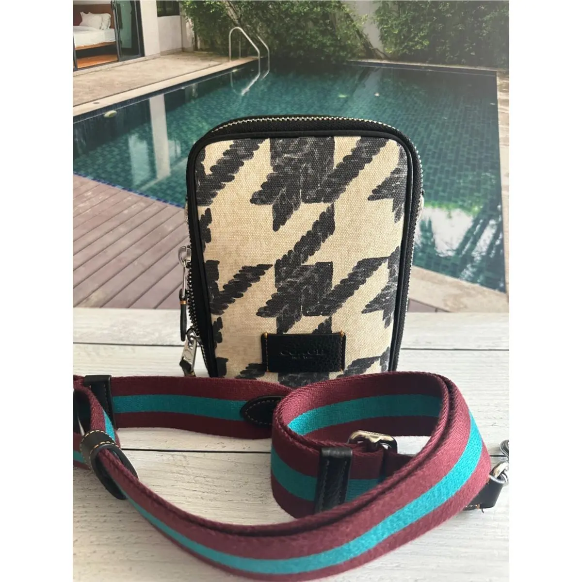 Coach Stanton Crossbody with Houndstooth Print Silver/cream/black