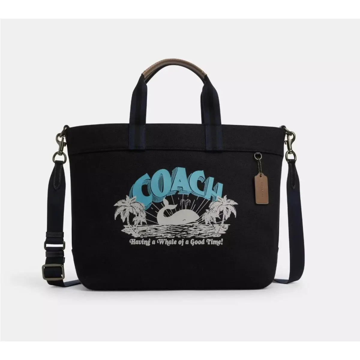 Coach Black Multi Canvas Smooth Leather Whale Graphic Tote Bag 38 CT899