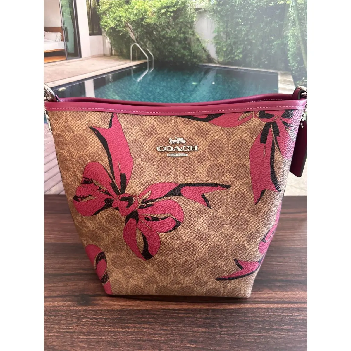 City Bucket Bag In Signature Canvas with Bow Print CY651 Brown /pink Multi by Coach
