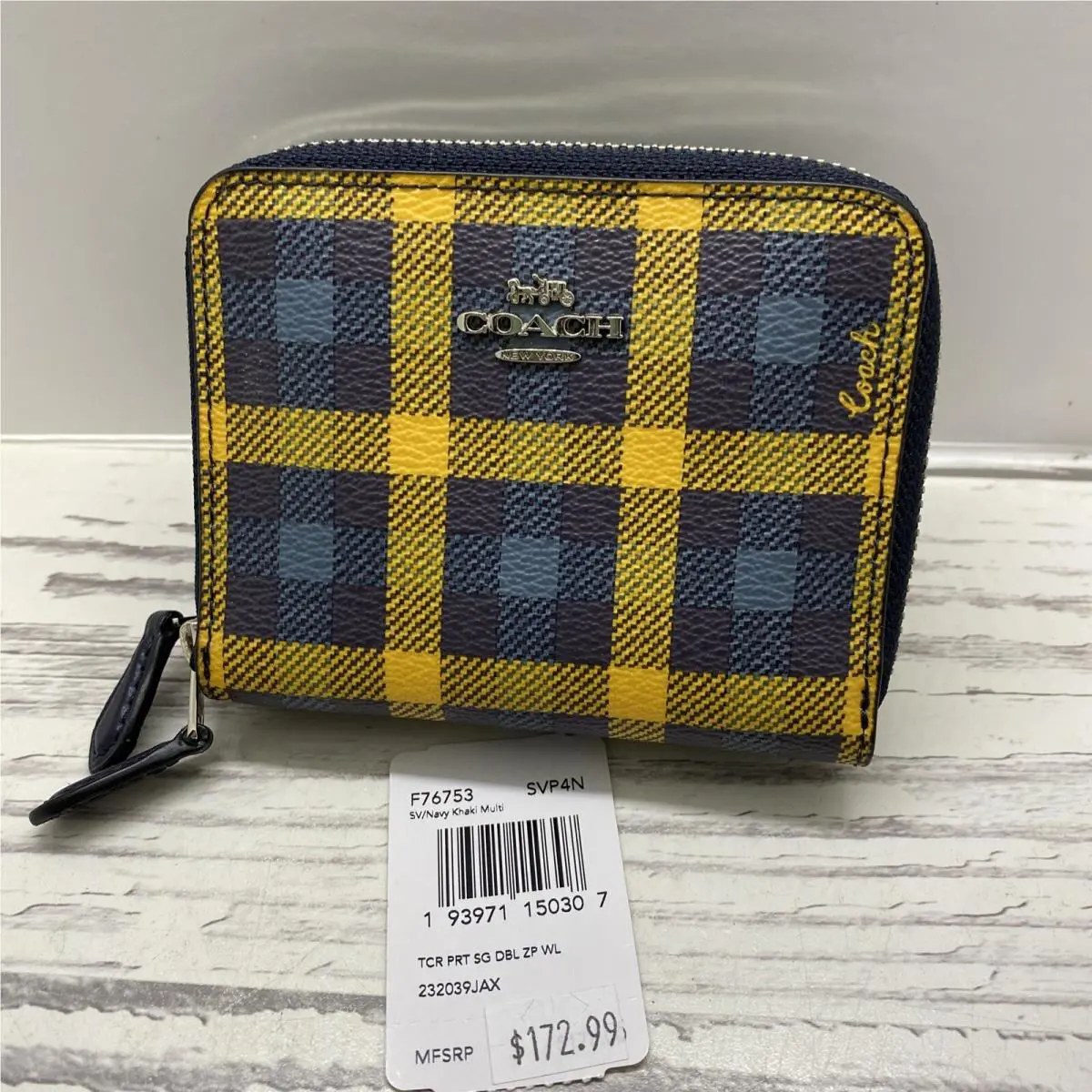 Coach Small Double Zip Around Wallet Coin ID F76753 Khaki Plaid Yellow Blue