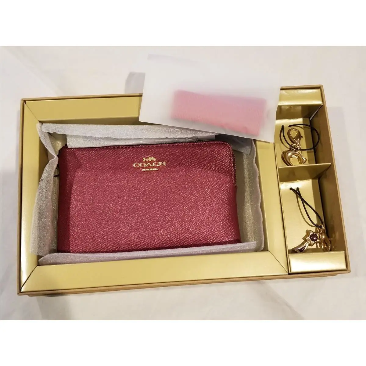 Coach Corner Zip Wristlet with Charms Boxed Gift Set Black Cherry