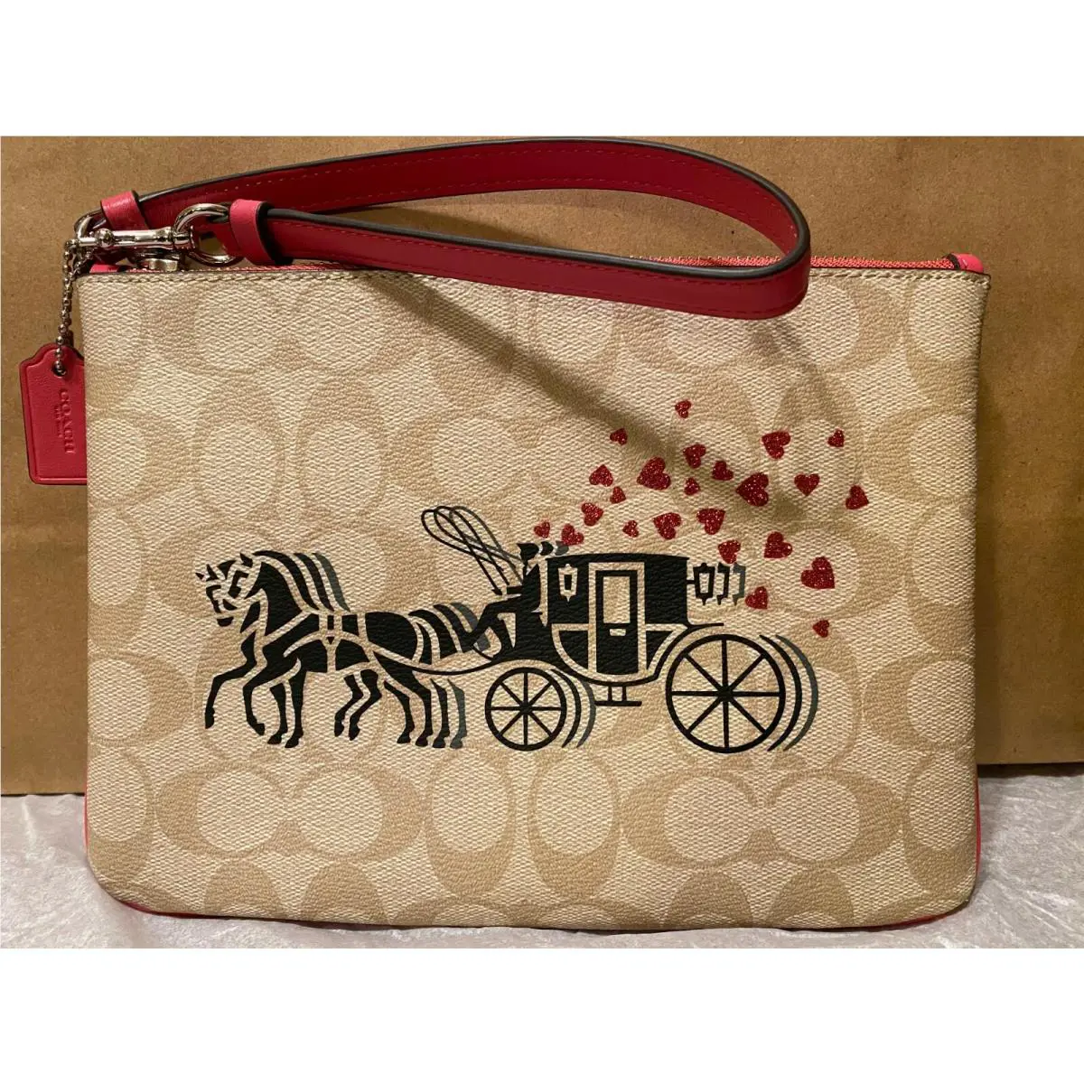 Gallery Pouch Signature Horse Carriage Hearts Motif 91543 Wristlet Pink by Coach