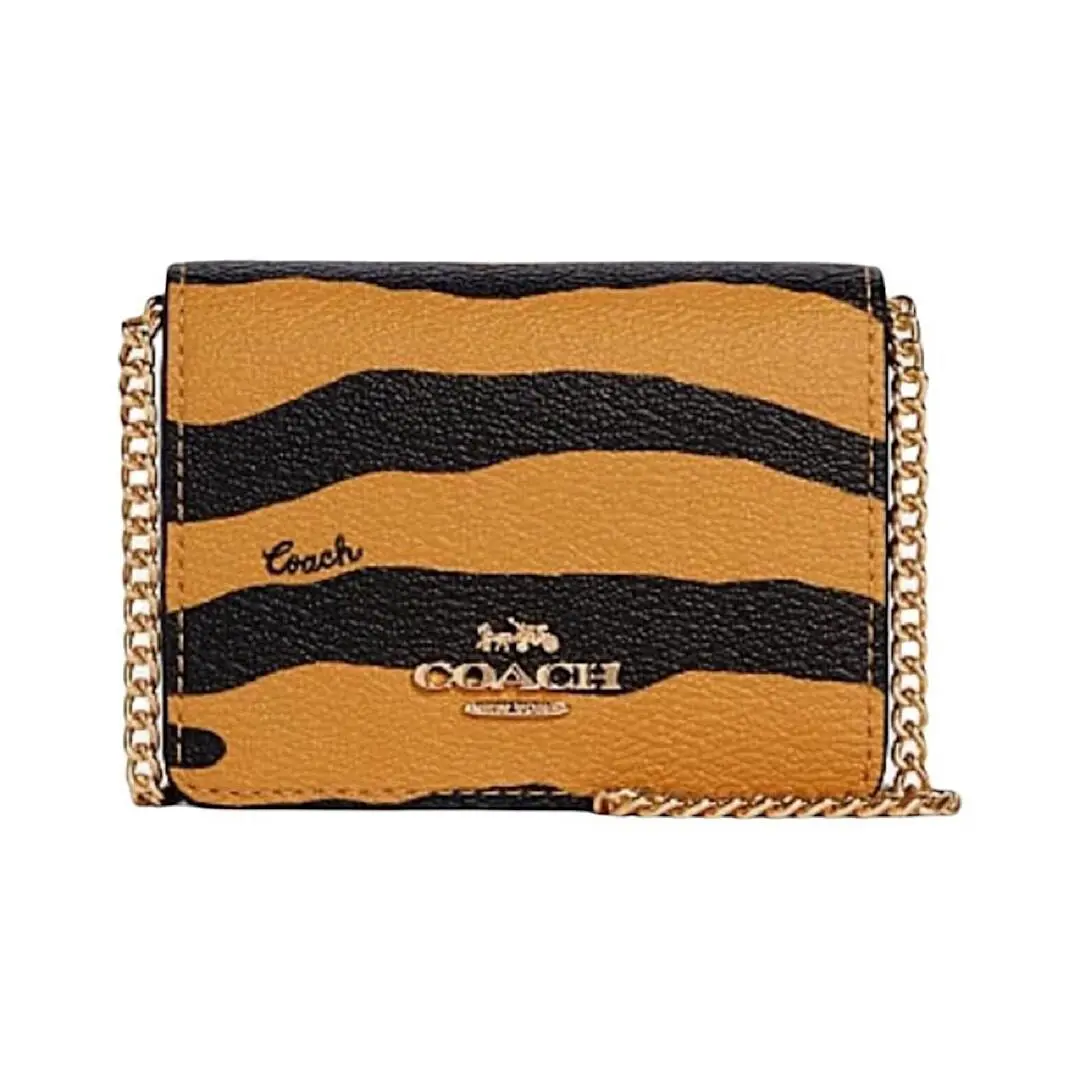 Coach Mini Wallet On A Chain Crossbody Tiger Print Honey/black