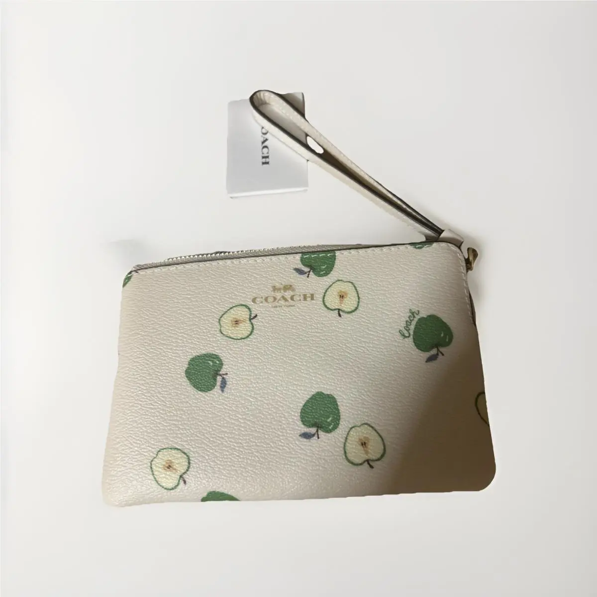 Coach Canvas Wristlet with Apple Print White Green