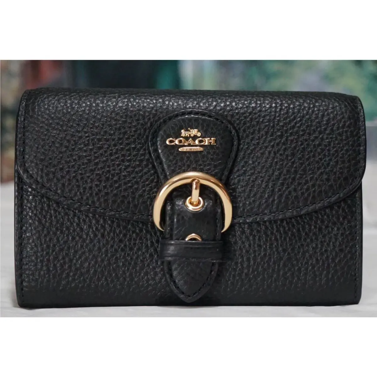 Coach Kleo C6896 Pebbled Leather Flap Zip Coin Med Wallet In Black Gold Tone