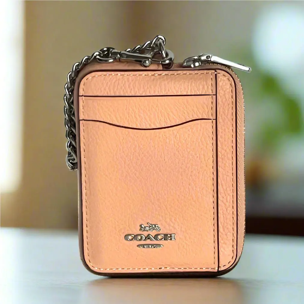 Coach Zip Card Case ID Wallet 6303 Pebbled Leather Chain Strap Blush