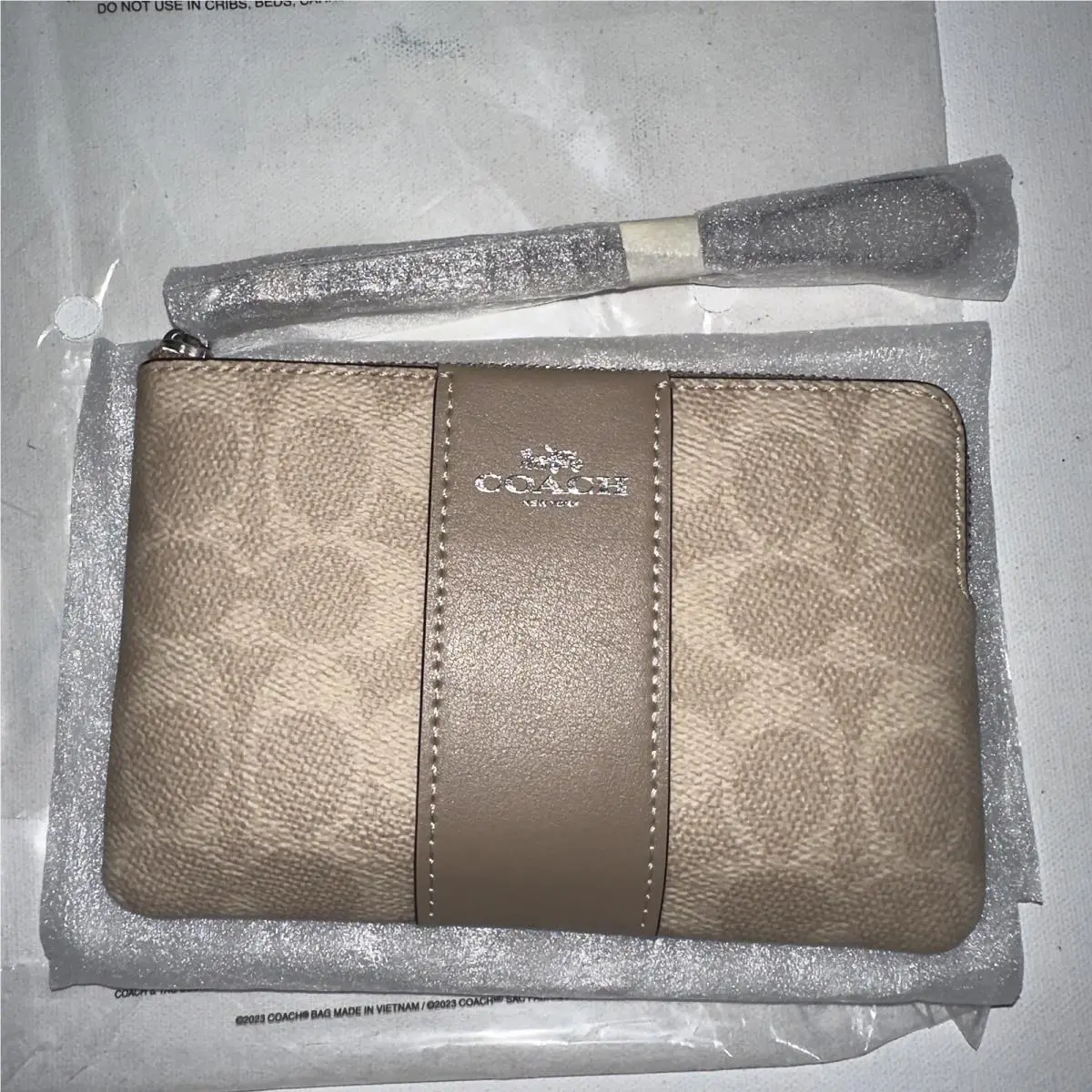 Coach CW854 Corner Zip Wristlet Signature Canvas Stripe Taupe Wallet Pouch