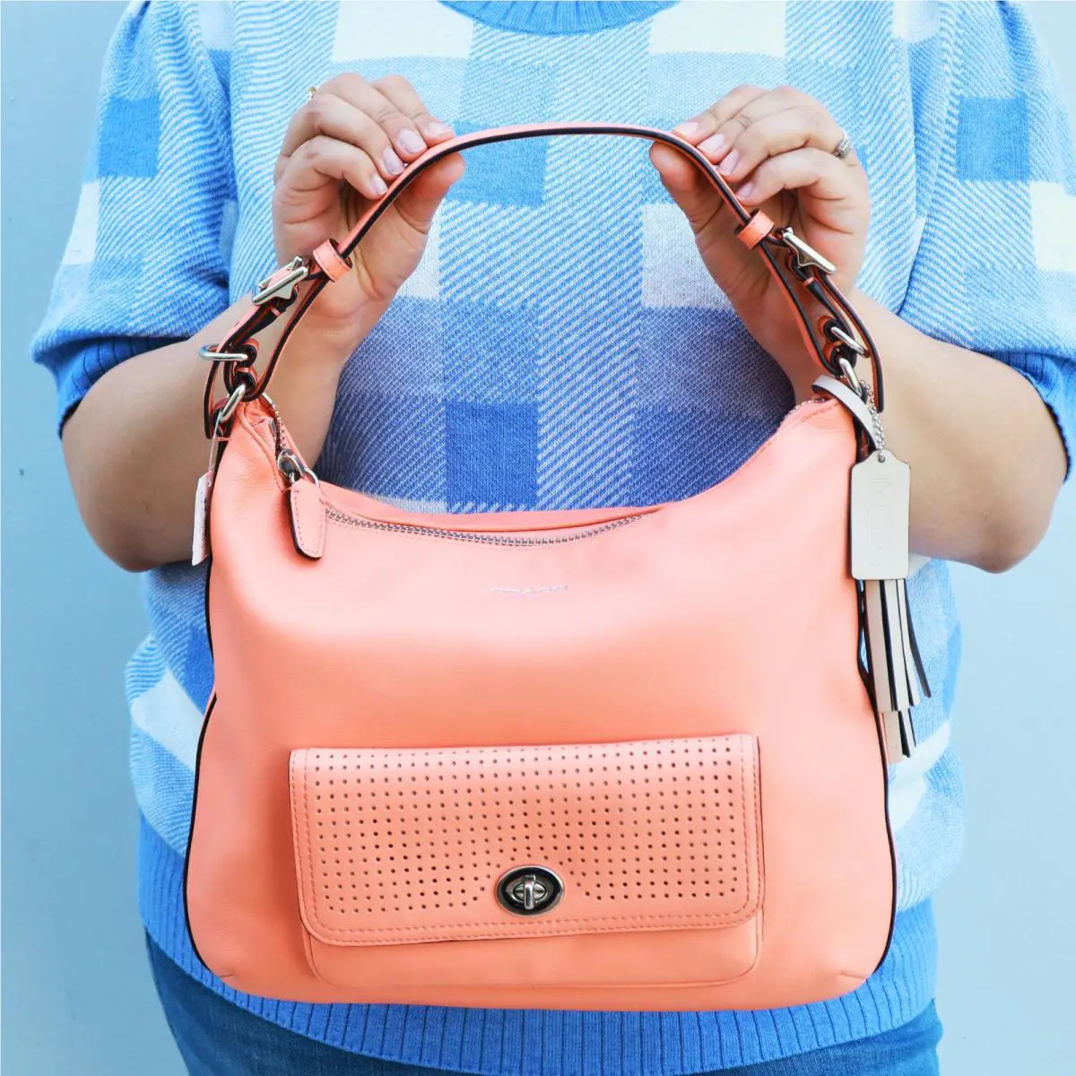 Coach Perforated Leather Two Way Crossbody Shoulder Bag in Apricot