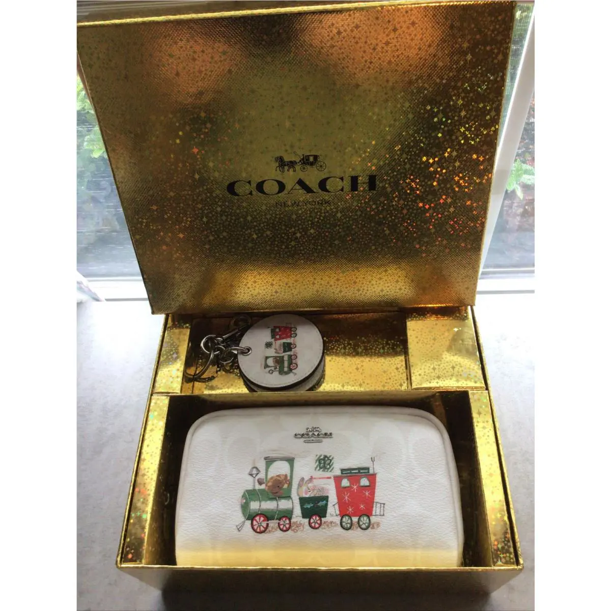Coach Boxed Small Boxy Cosmetic Case Mirror Bag Charm Sign Canvas with Tra