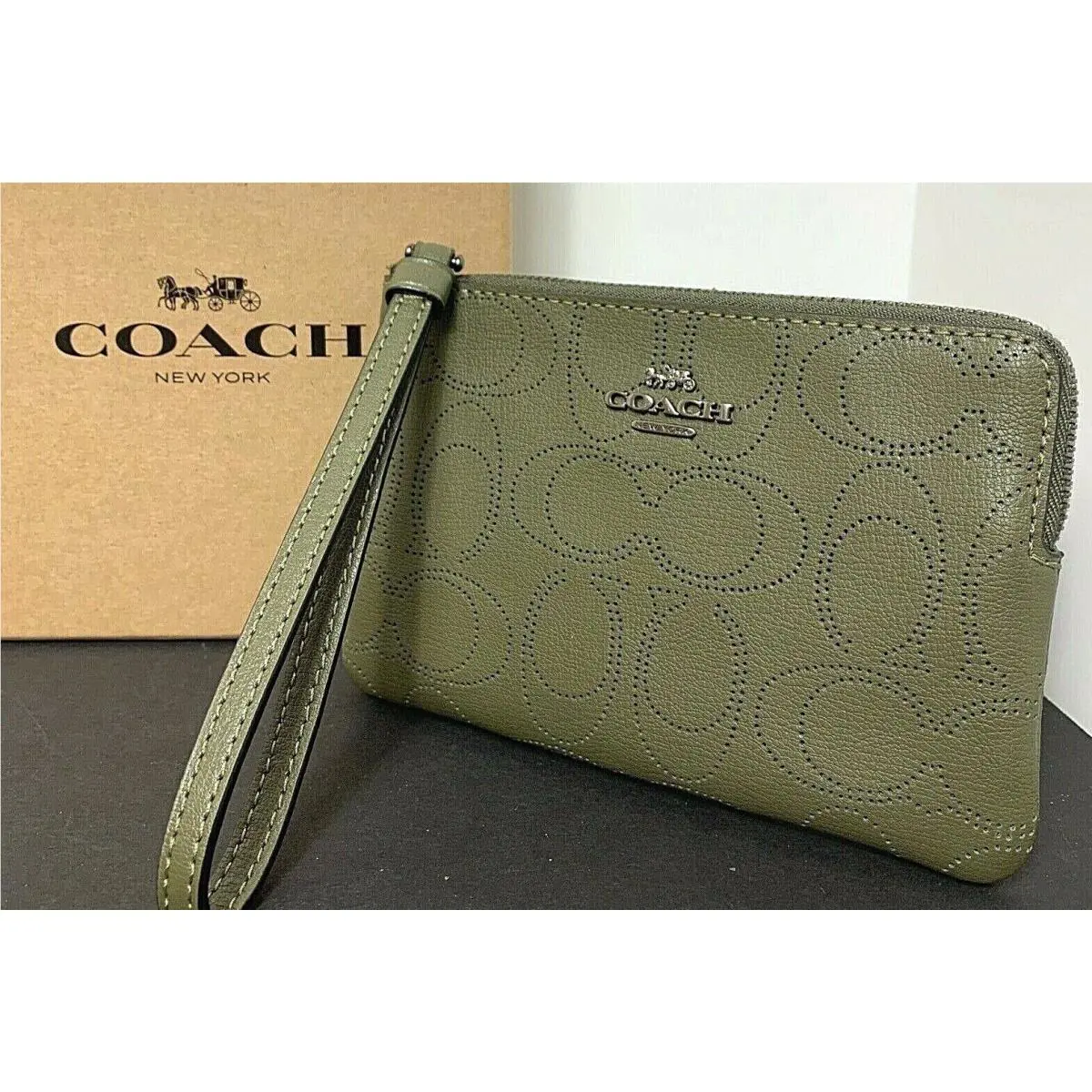 Coach Corner Zip Wristlet In Perforated Signature Leather Kelp 2961