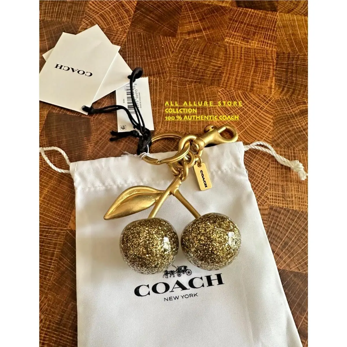 Coach Cherry Gold Sparkle Keychain or Bag Charm 77840 with Pouch