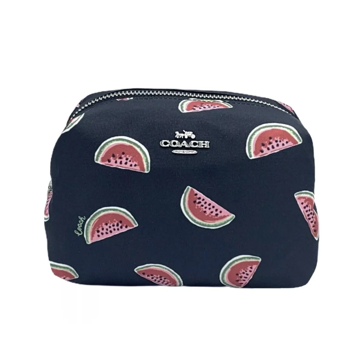 Coach 2019 Watermelon Nylon Small Boxy Cosmetic Case Travel Makeup Bag Navy Red