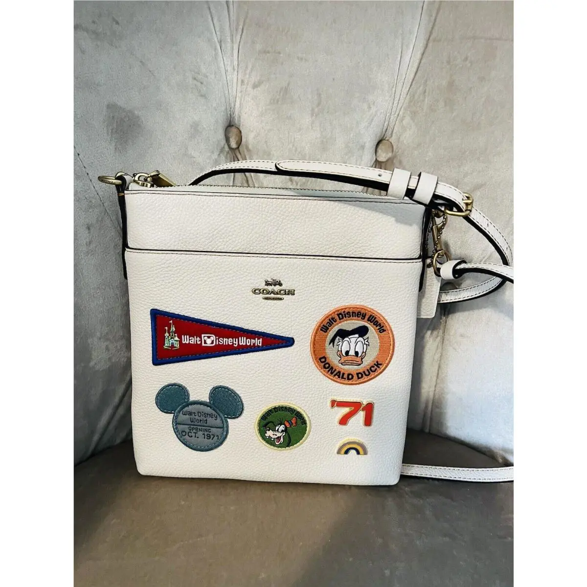 Disney Mickey Patch X Coach Kitt C8573 Messenger Crossbody Bag Handbag Chalk