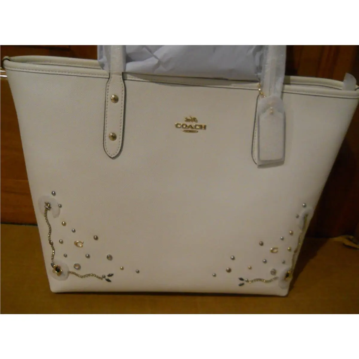 Chalk Stardust Crystal Rivets City Tote F66906 by Coach