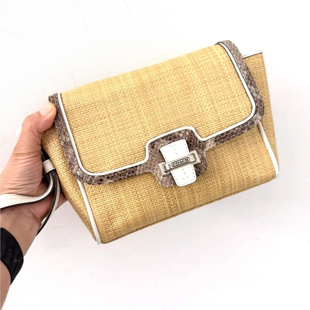 Taylor City Straw Flap Clutch Wristlet Khaki/white F50929 by Coach
