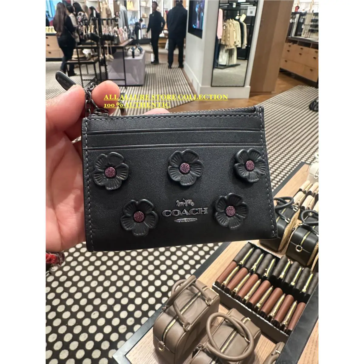 Coach Mini Skinny ID Case with Floral Applique CAT65 Black