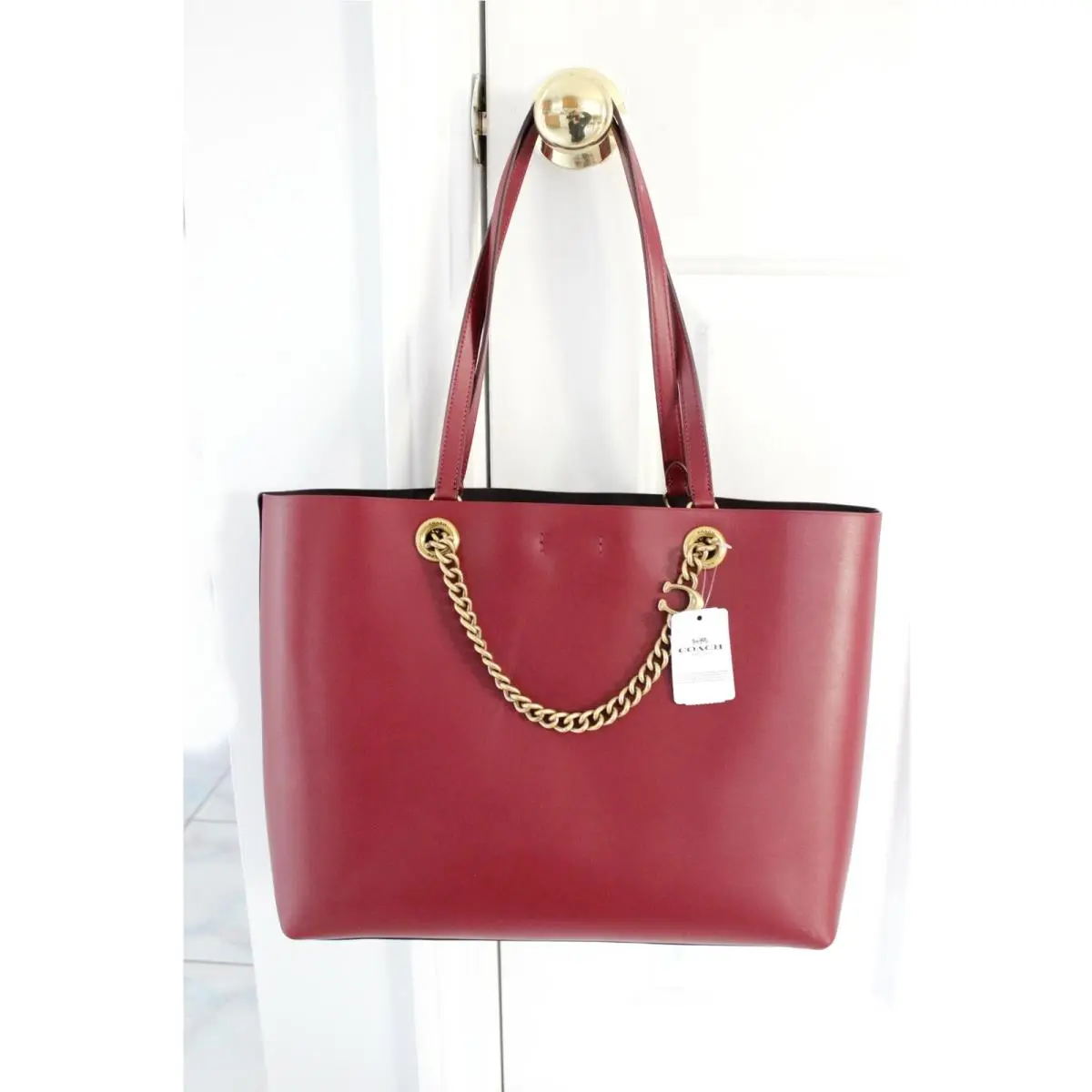 Coach Deep Red Smooth Leather Signature Chain Central Tote Purse Bag 78218