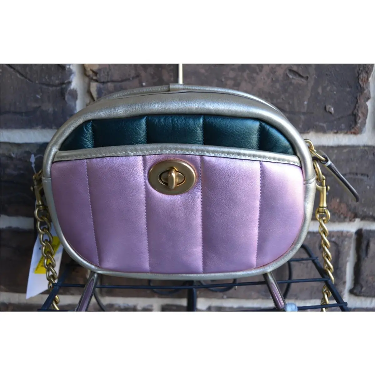 Coach Metallic Color Block Quilted Leather Small Camera Crossbody Pink