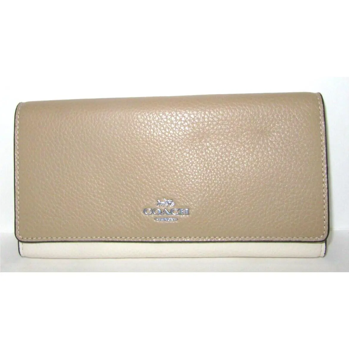 Coach CC816 Slim Trifold Wallet Sandy Beige Multi Color Pebbled Leather
