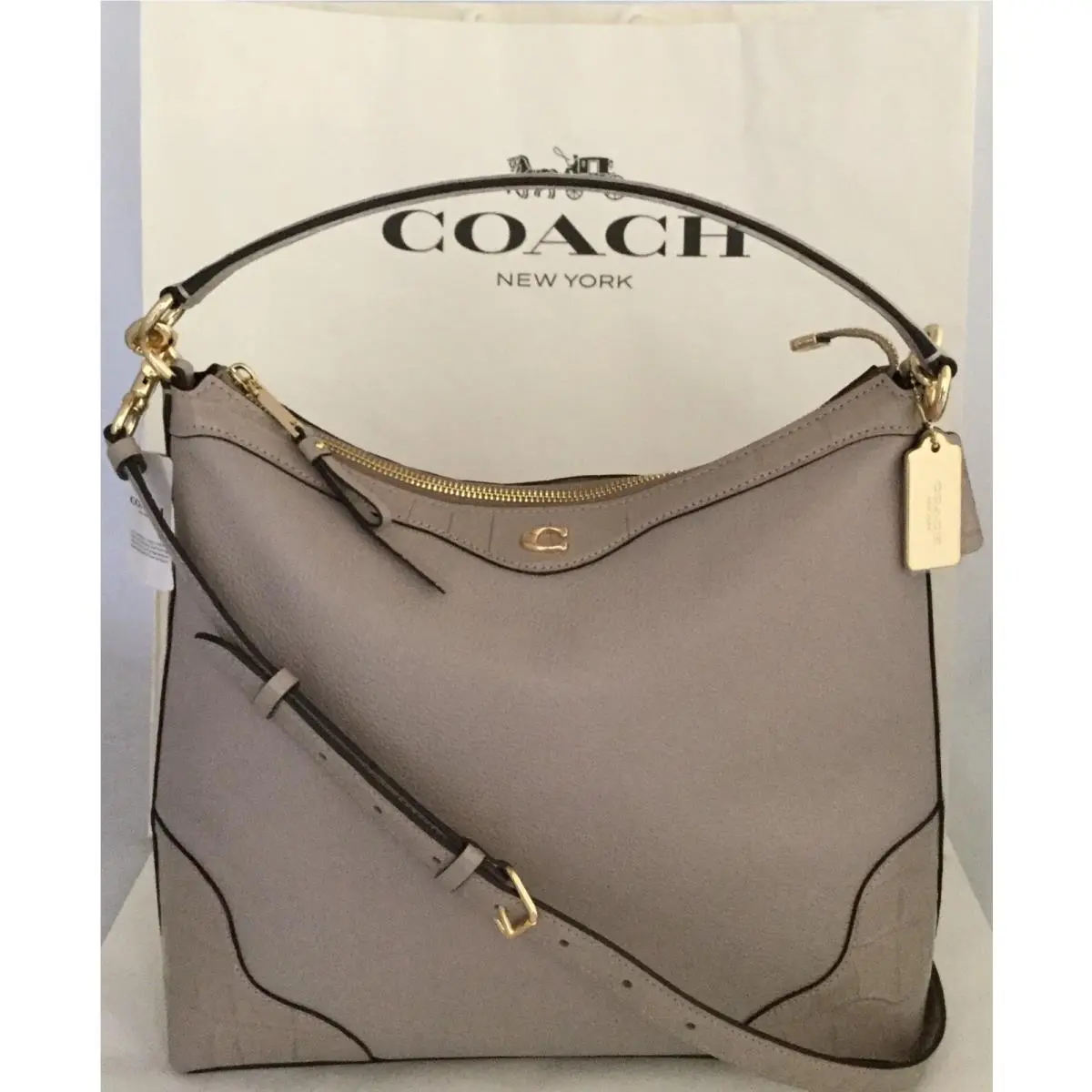 Coach F46283 Ivie Croc Embossed Edge Leather Hobo Crossbody Im/grey Birch