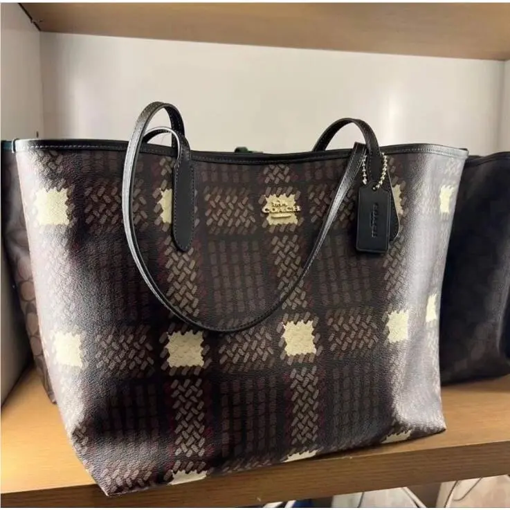 Coach CM162 City Large Tote with Graphic/brushed Plaid Print Gold/brown Mult